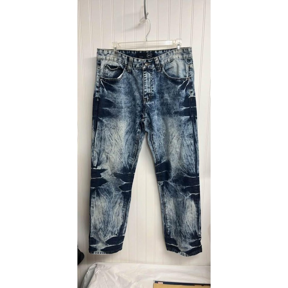 Mens Acid Wash Straight Leg Denim Jeans Blue Marbled Streetwear 34x32